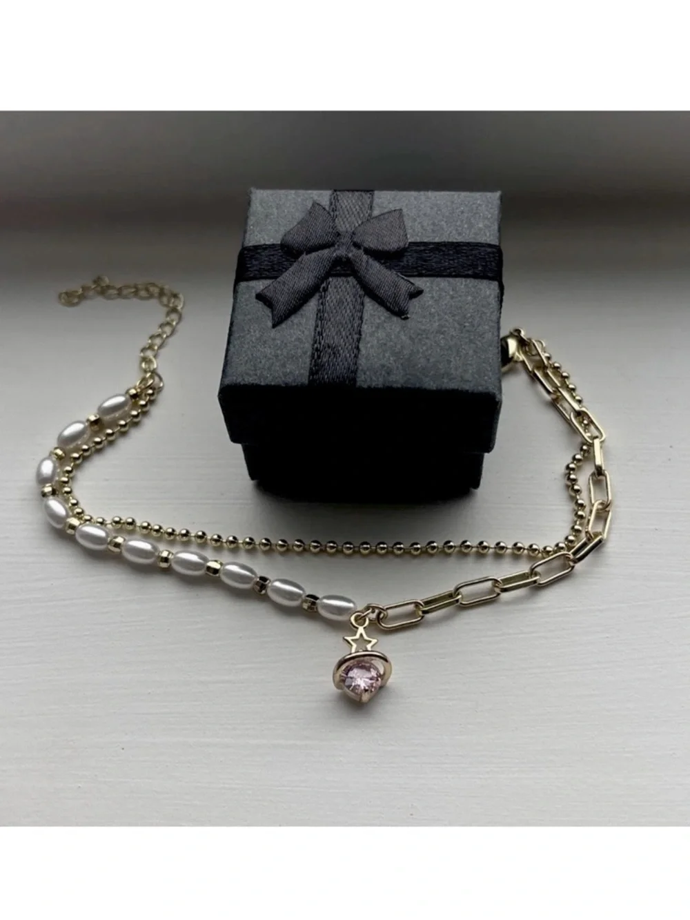 Gold Plated Layered Bracelet Faux Pearl Chain Pink CZ Celestial Charm Adjustable - Picture 2 of 11